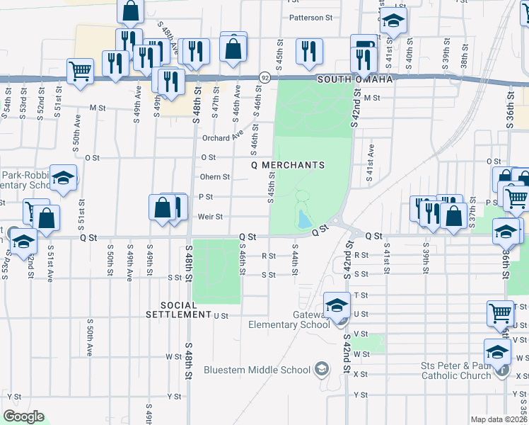 map of restaurants, bars, coffee shops, grocery stores, and more near 5126 S 45th St in Omaha