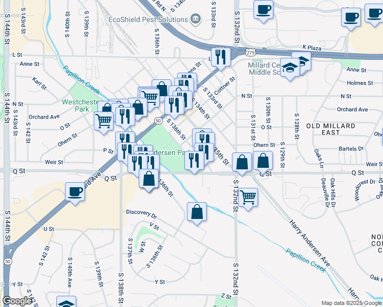map of restaurants, bars, coffee shops, grocery stores, and more near 5036 South 136th Street in Omaha