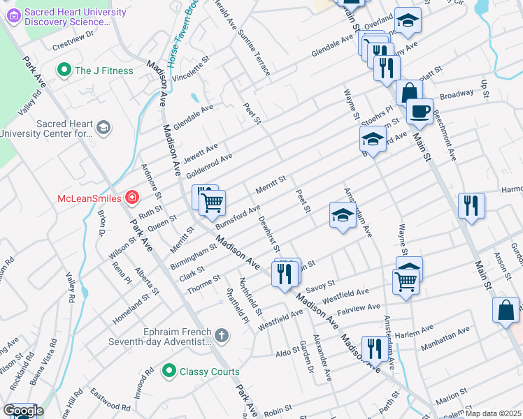 map of restaurants, bars, coffee shops, grocery stores, and more near 555 Burnsford Avenue in Bridgeport