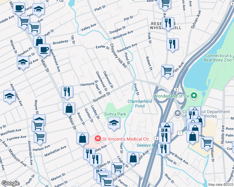 map of restaurants, bars, coffee shops, grocery stores, and more near 80 Oakwood Street in Bridgeport