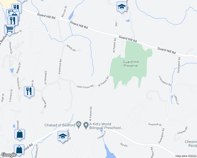 map of restaurants, bars, coffee shops, grocery stores, and more near 47 John Cross Road in Westchester County