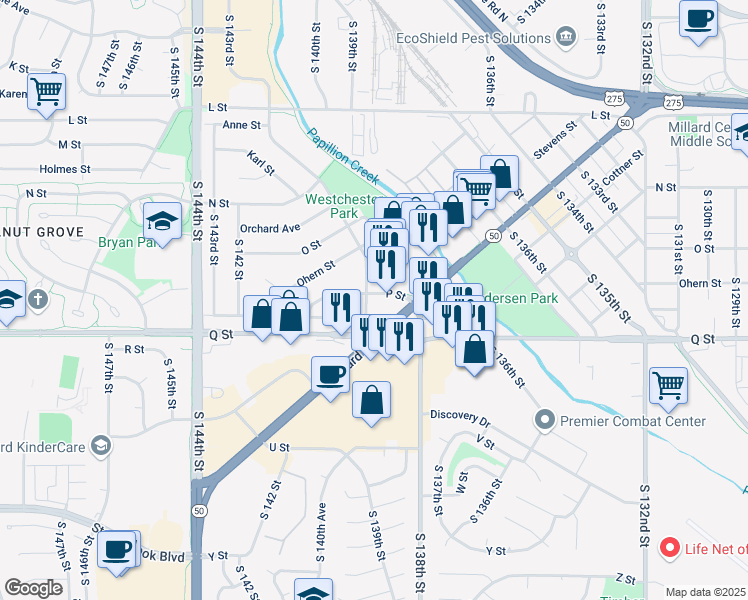 map of restaurants, bars, coffee shops, grocery stores, and more near 13805 P Street in Omaha