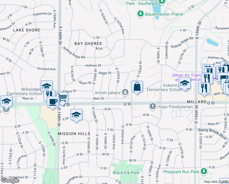 map of restaurants, bars, coffee shops, grocery stores, and more near 5106 South 163rd Street in Omaha
