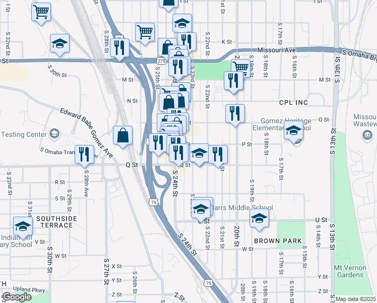 map of restaurants, bars, coffee shops, grocery stores, and more near 5118-1/2 South 23rd Street in Omaha