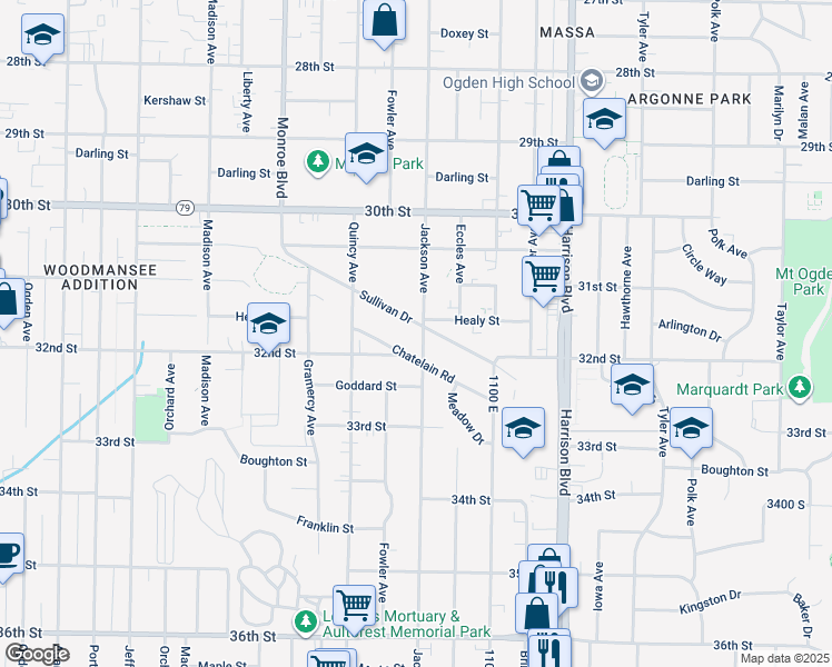 map of restaurants, bars, coffee shops, grocery stores, and more near 3165 Jackson Avenue in Ogden