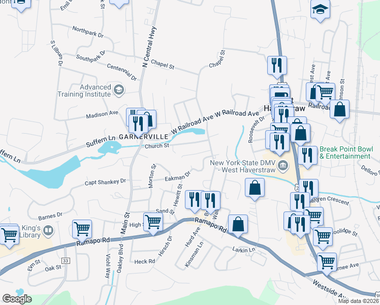 map of restaurants, bars, coffee shops, grocery stores, and more near 26 Norris Street in West Haverstraw