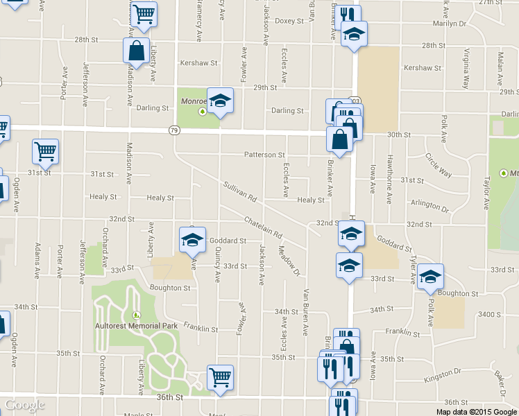 map of restaurants, bars, coffee shops, grocery stores, and more near 3165 Jackson Avenue in Ogden