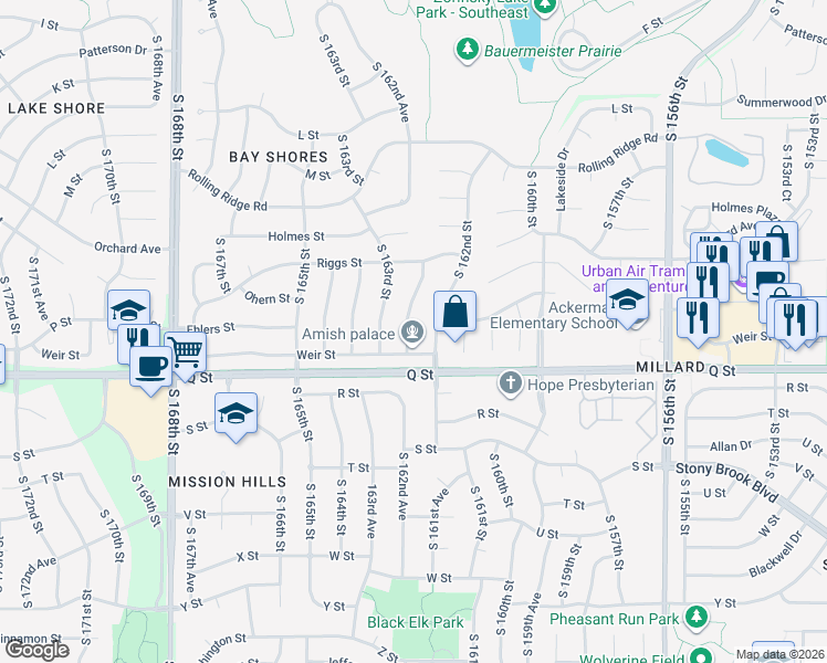 map of restaurants, bars, coffee shops, grocery stores, and more near 5107 South 162nd Avenue in Omaha