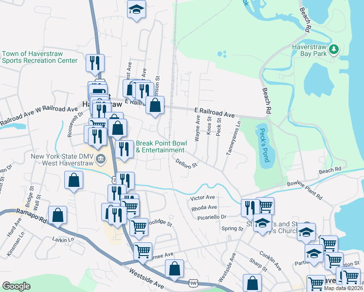 map of restaurants, bars, coffee shops, grocery stores, and more near 56-58 Samsondale Avenue in West Haverstraw