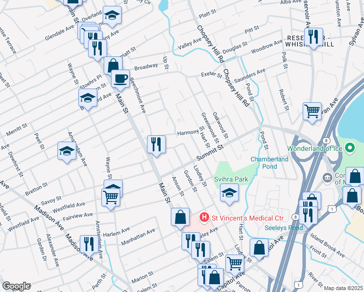 map of restaurants, bars, coffee shops, grocery stores, and more near 1265 Lindley Street in Bridgeport