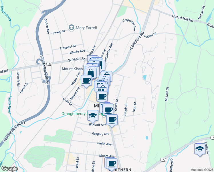 map of restaurants, bars, coffee shops, grocery stores, and more near 91 East Main Street in Mount Kisco