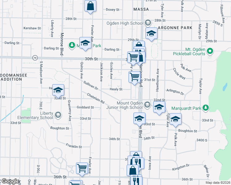 map of restaurants, bars, coffee shops, grocery stores, and more near 1053 Healy Street in Ogden