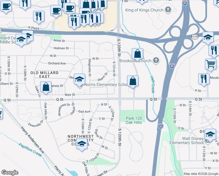 map of restaurants, bars, coffee shops, grocery stores, and more near 5115 South 122nd Street in Omaha