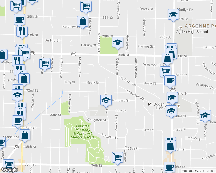 map of restaurants, bars, coffee shops, grocery stores, and more near 3164 Gramercy Avenue in Ogden
