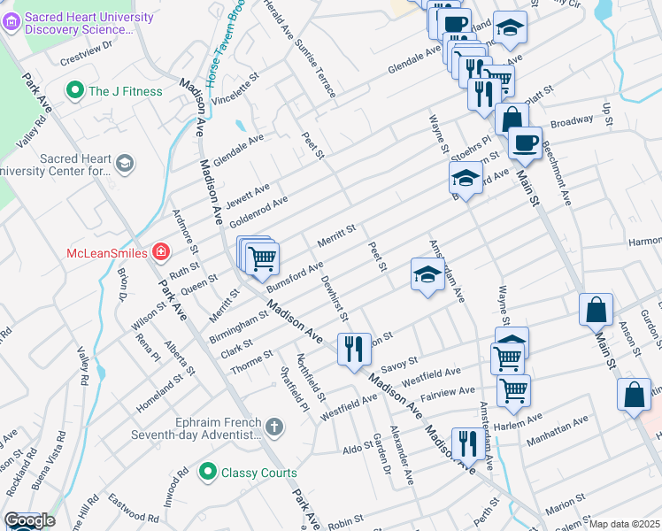 map of restaurants, bars, coffee shops, grocery stores, and more near 555 Burnsford Avenue in Bridgeport