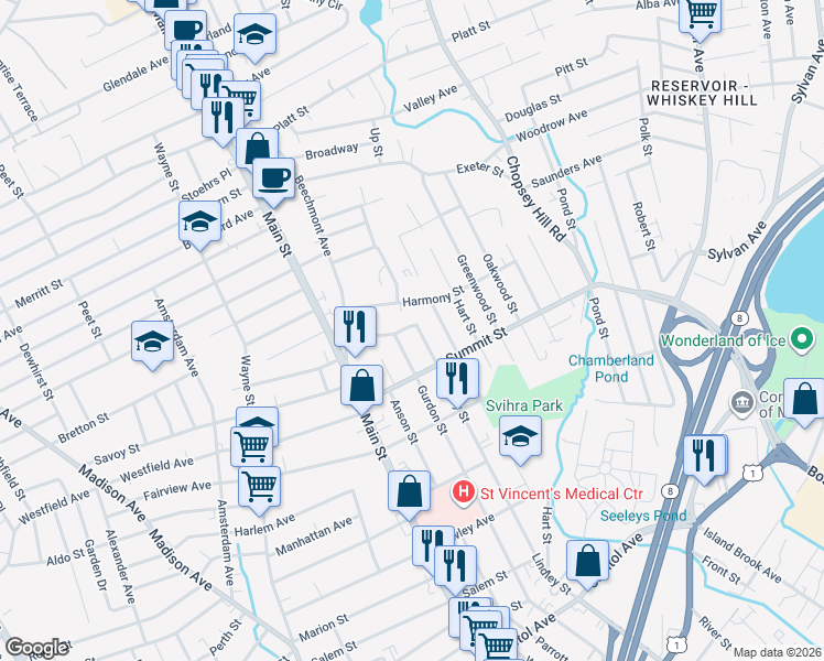 map of restaurants, bars, coffee shops, grocery stores, and more near 1265 Lindley Street in Bridgeport