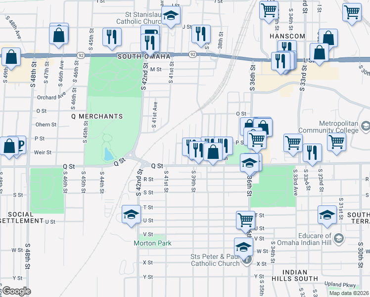 map of restaurants, bars, coffee shops, grocery stores, and more near 5110 South 39th Avenue in Omaha