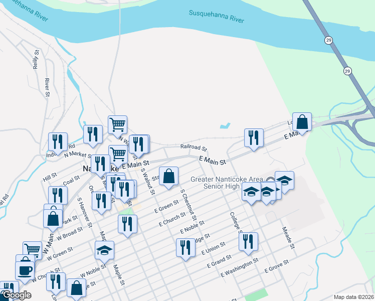 map of restaurants, bars, coffee shops, grocery stores, and more near 375 Railroad Street in Nanticoke