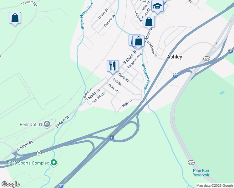 map of restaurants, bars, coffee shops, grocery stores, and more near 12 Black St in Ashley