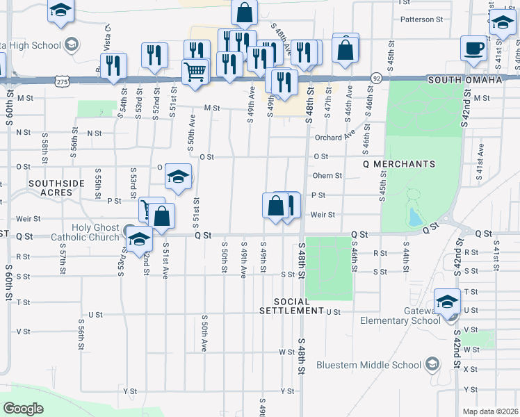 map of restaurants, bars, coffee shops, grocery stores, and more near 5060 South 49th Street in Omaha