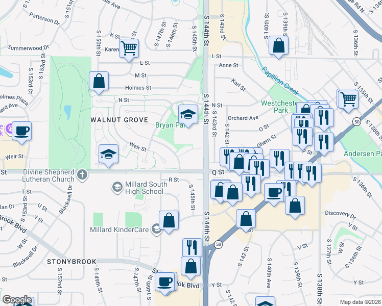 map of restaurants, bars, coffee shops, grocery stores, and more near 14427 Weir Circle in Omaha