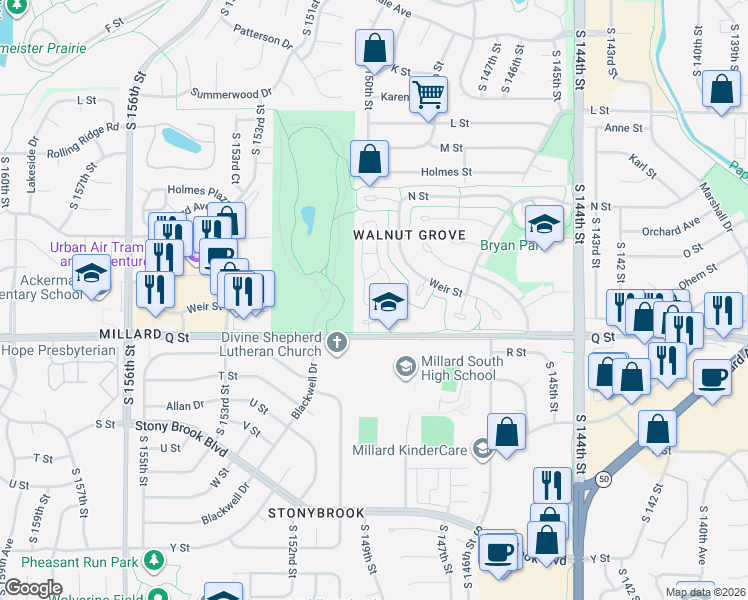map of restaurants, bars, coffee shops, grocery stores, and more near 5082 South 149th Court in Omaha