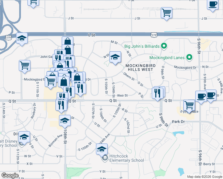 map of restaurants, bars, coffee shops, grocery stores, and more near 5118 South 104th Street in Omaha