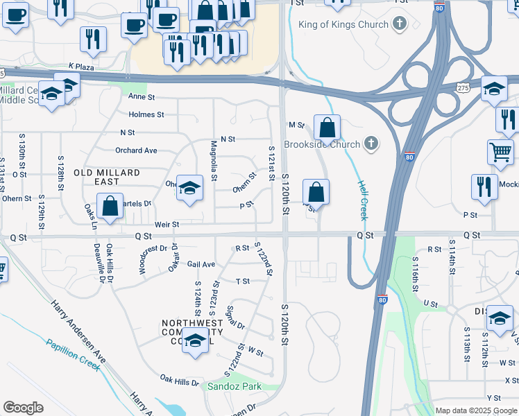 map of restaurants, bars, coffee shops, grocery stores, and more near 5115 South 122nd Street in Omaha
