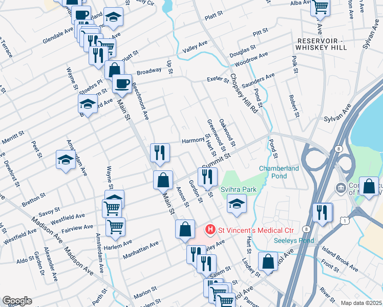 map of restaurants, bars, coffee shops, grocery stores, and more near 1266 Lindley Street in Bridgeport
