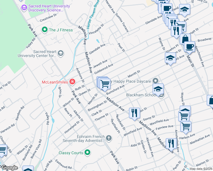 map of restaurants, bars, coffee shops, grocery stores, and more near 704 Merritt Street in Bridgeport