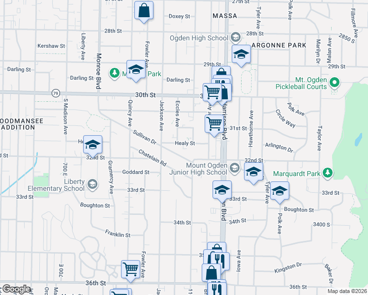 map of restaurants, bars, coffee shops, grocery stores, and more near 1053 Healy Street in Ogden