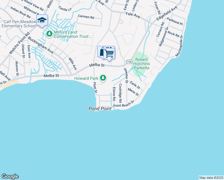 map of restaurants, bars, coffee shops, grocery stores, and more near 32 Morehouse Avenue in Milford