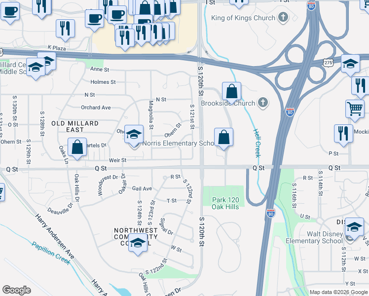 map of restaurants, bars, coffee shops, grocery stores, and more near 5115 South 122nd Street in Omaha
