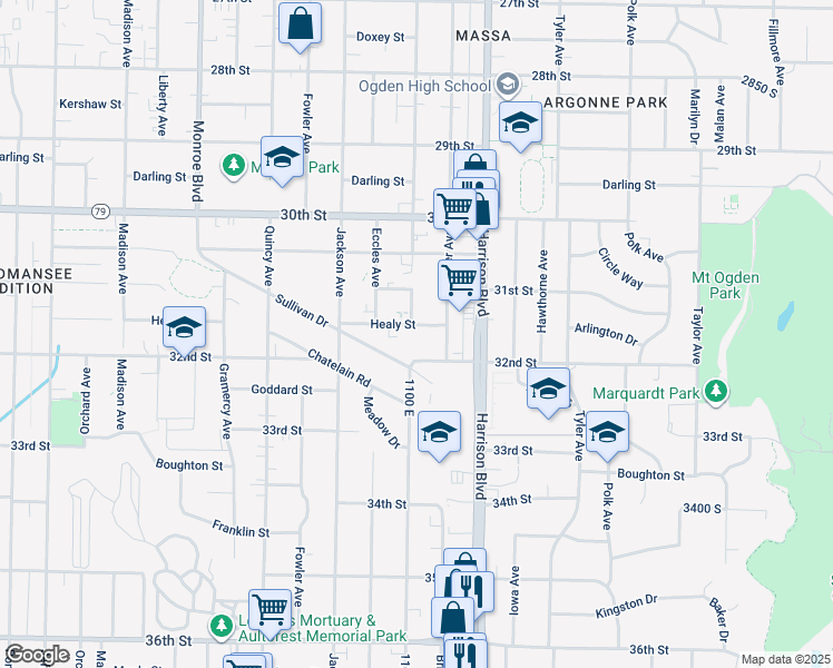 map of restaurants, bars, coffee shops, grocery stores, and more near 1109 Healy Street in Ogden