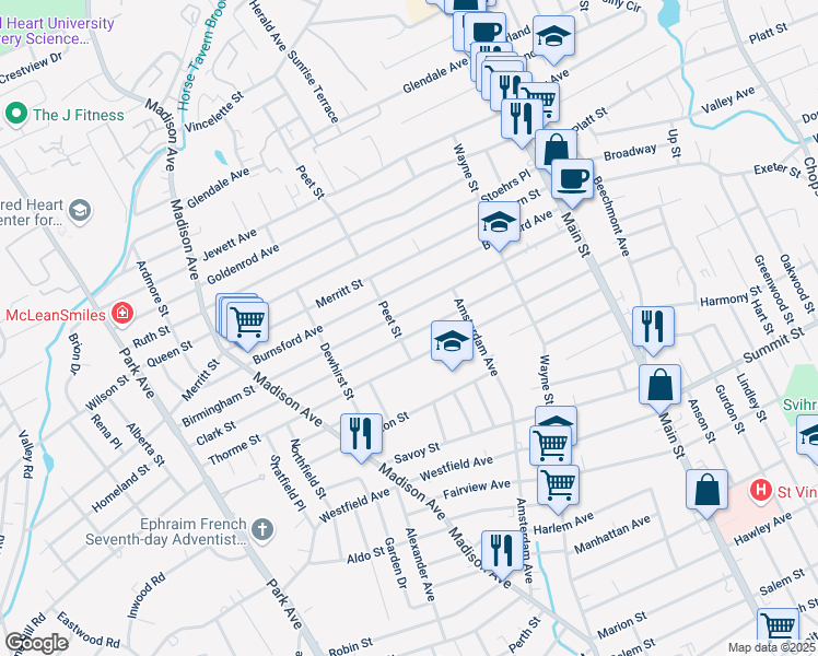map of restaurants, bars, coffee shops, grocery stores, and more near 408 Clark Street in Bridgeport