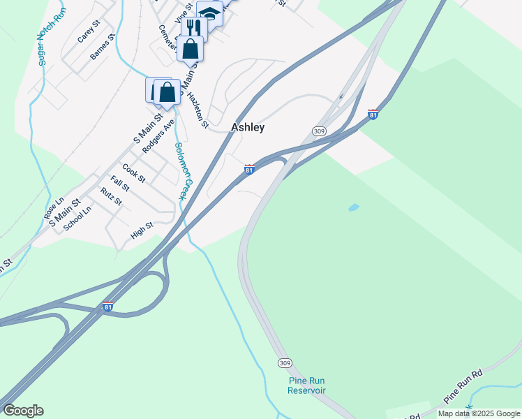 map of restaurants, bars, coffee shops, grocery stores, and more near Wilkes Barre Township Blvd in Ashley