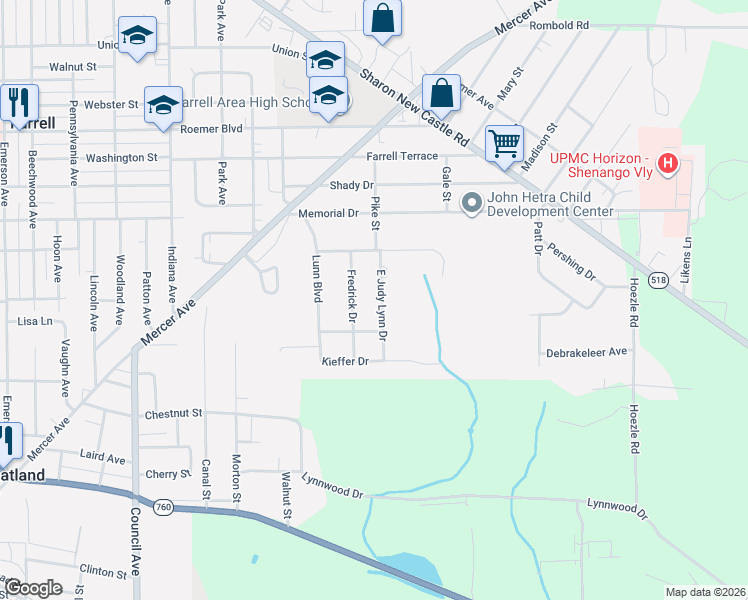 map of restaurants, bars, coffee shops, grocery stores, and more near 321 Fredrick Drive in Farrell