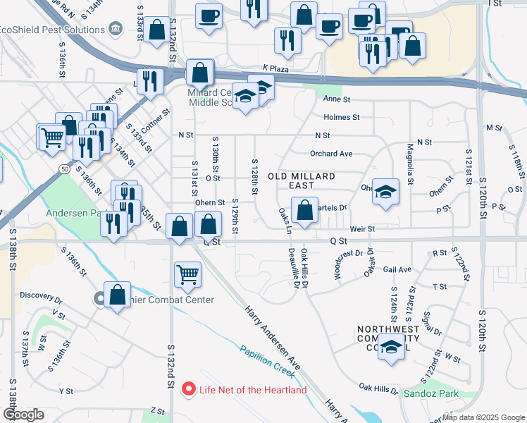 map of restaurants, bars, coffee shops, grocery stores, and more near 5067 South 128th Street in Omaha