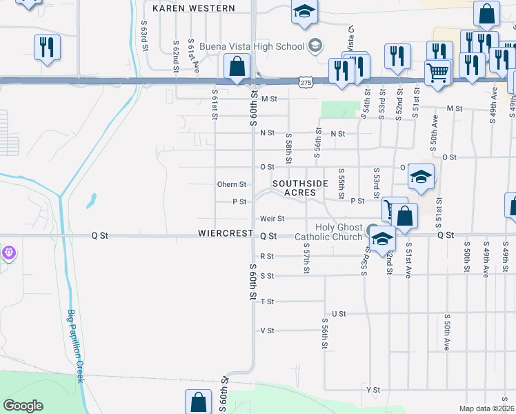 map of restaurants, bars, coffee shops, grocery stores, and more near 5103 South 60th Street in Omaha