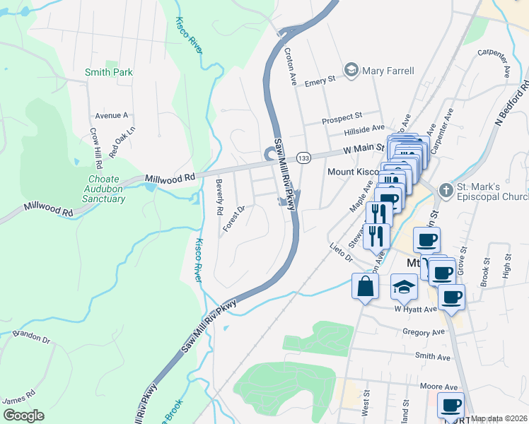 map of restaurants, bars, coffee shops, grocery stores, and more near 115 Forest Drive in Mount Kisco