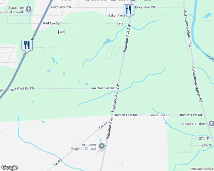 map of restaurants, bars, coffee shops, grocery stores, and more near 755 Lane West Road Southwest in Warren