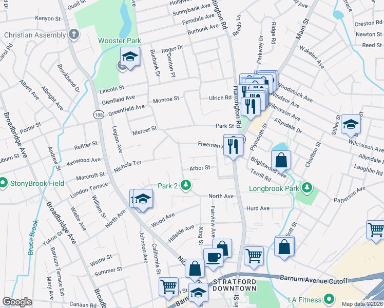 map of restaurants, bars, coffee shops, grocery stores, and more near 90 Vine Street in Stratford
