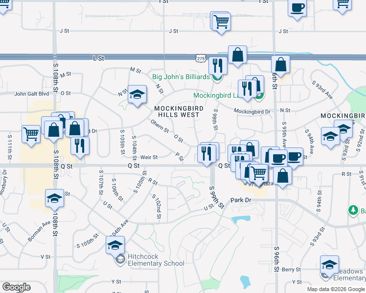 map of restaurants, bars, coffee shops, grocery stores, and more near 10023 O Street in Omaha