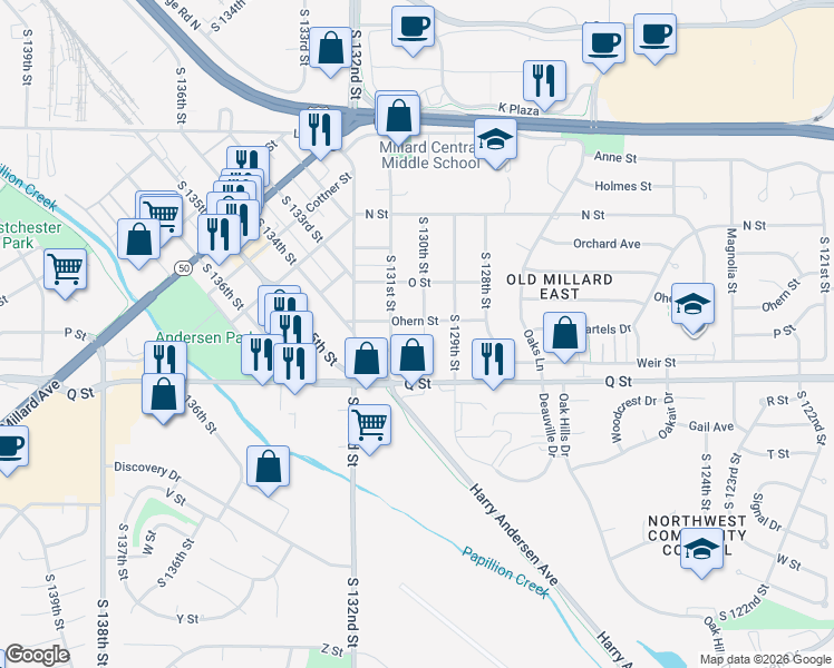 map of restaurants, bars, coffee shops, grocery stores, and more near 5062 South 130th Circle in Omaha