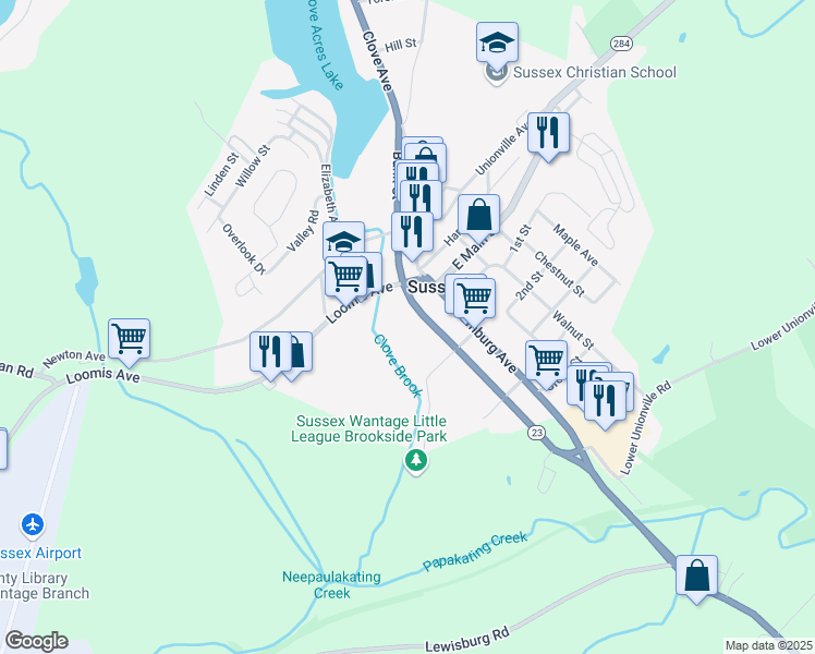 map of restaurants, bars, coffee shops, grocery stores, and more near 16 Walling Avenue in Sussex