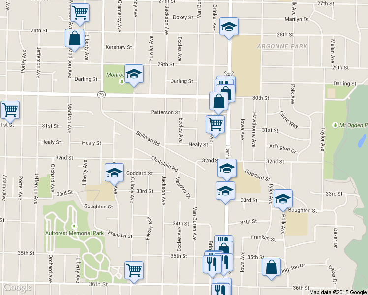 map of restaurants, bars, coffee shops, grocery stores, and more near 1053 Healy Street in Ogden