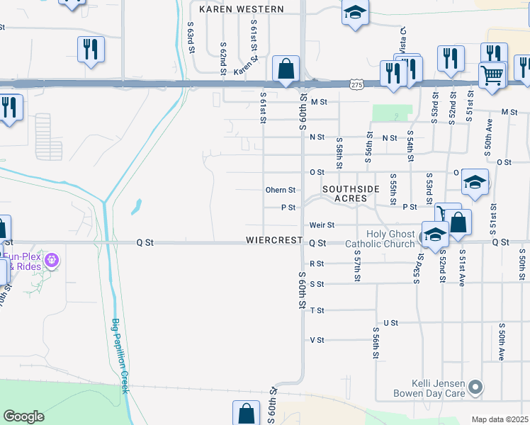 map of restaurants, bars, coffee shops, grocery stores, and more near 6049 South 61st Street in Omaha