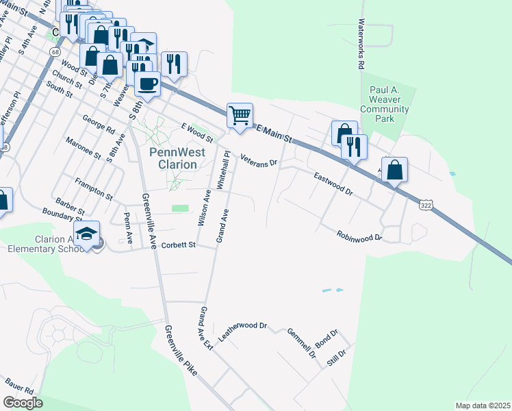 map of restaurants, bars, coffee shops, grocery stores, and more near 330 North Point Drive in Clarion