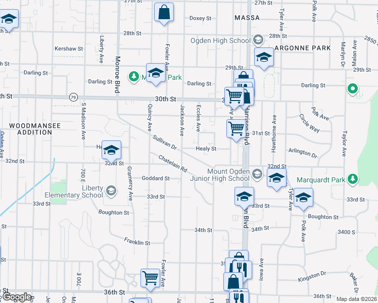 map of restaurants, bars, coffee shops, grocery stores, and more near 3180 Jackson Avenue in Ogden