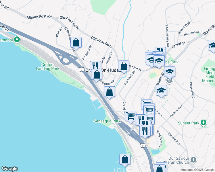 map of restaurants, bars, coffee shops, grocery stores, and more near 32 Farrington Road in Croton-on-Hudson